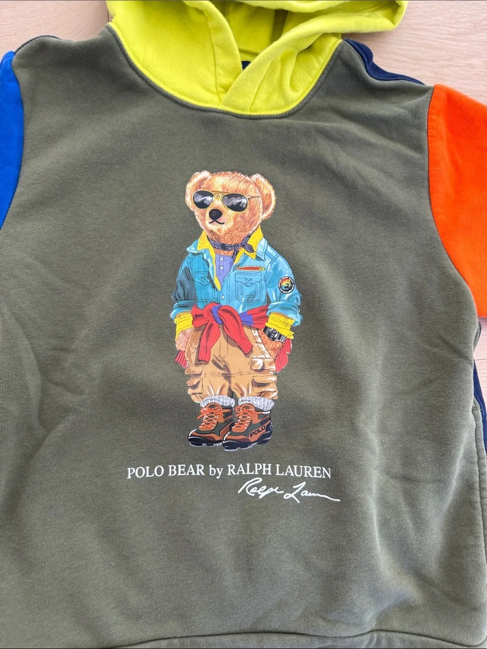 Ralph Lauren Colorblock Polo Bear Hoodie - Olive, Neon Lime, Royal Blue & Orange